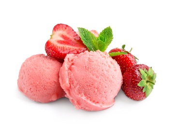 Photo of Scoops of delicious strawberry ice cream with mint and fresh berries on white background