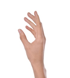 Woman holding something on white background, closeup of hand