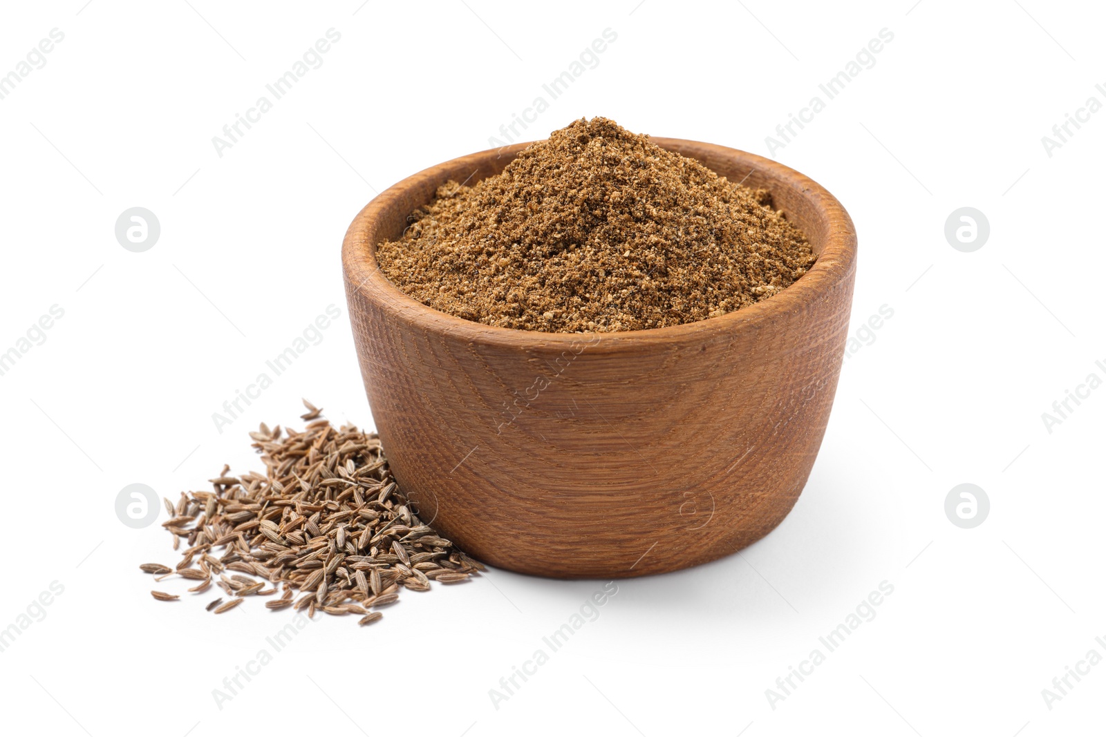 Photo of Aromatic caraway (Persian cumin) seeds and bowl of powder isolated on white