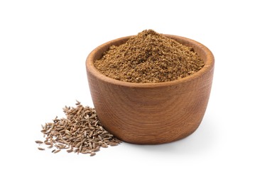 Aromatic caraway (Persian cumin) seeds and bowl of powder isolated on white