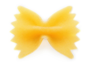 Photo of Uncooked farfalle pasta on white background, top view