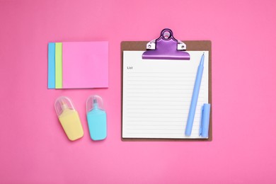 To do notes and stationery on pink background, flat lay with space for text. Planning concept
