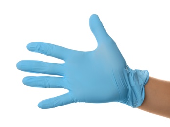 Photo of Person in blue latex gloves showing number five against white background, closeup on hand