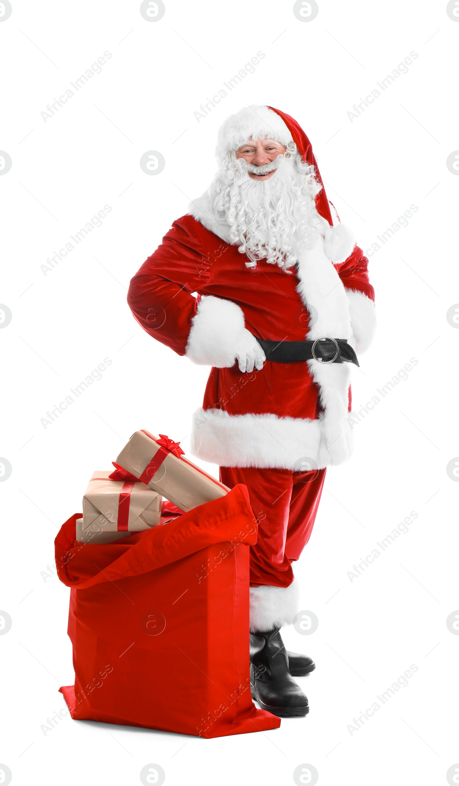 Photo of Authentic Santa Claus with red bag full of gifts on white background