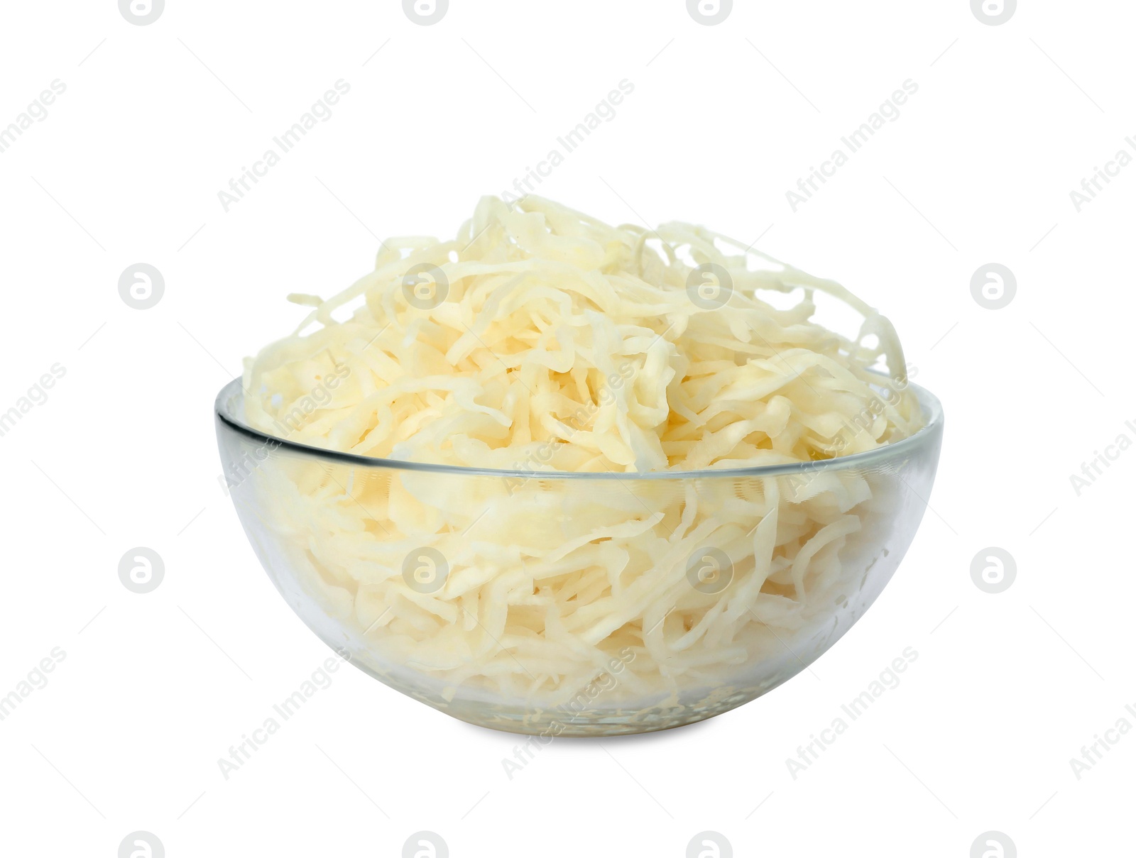 Photo of Glass bowl of tasty fermented cabbage isolated on white