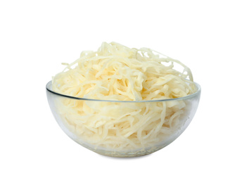 Photo of Glass bowl of tasty fermented cabbage isolated on white