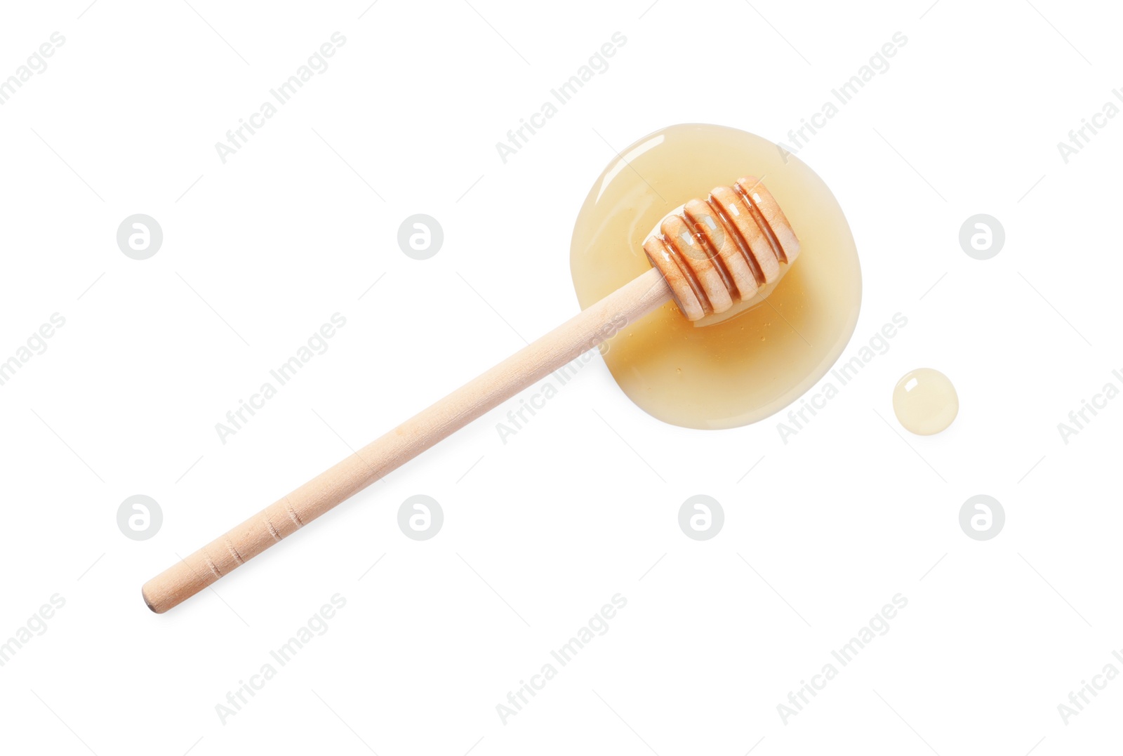 Photo of Tasty natural honey and dipper on white background, top view