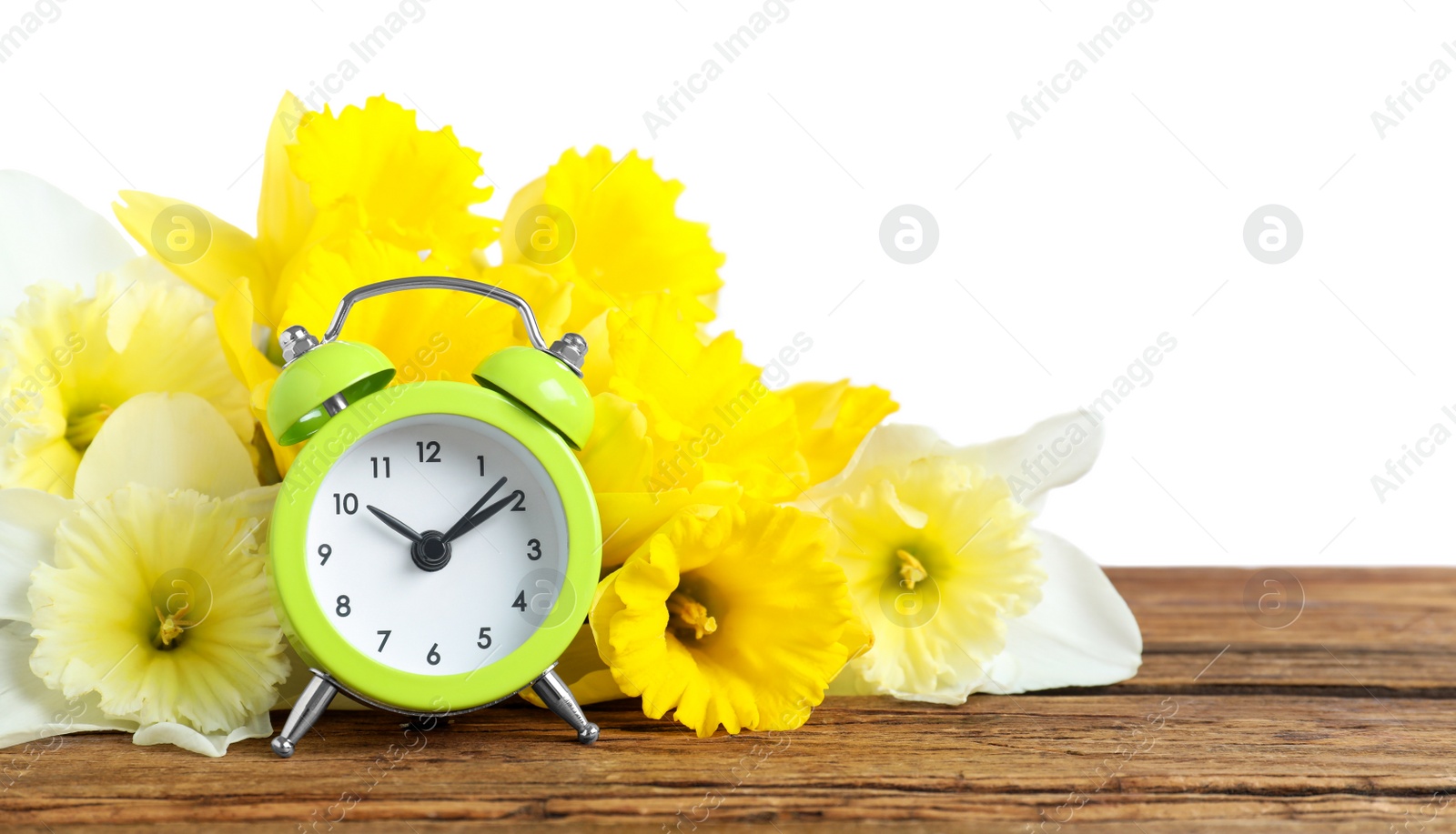 Photo of Green alarm clock and spring flowers on wooden table against white background. Time change