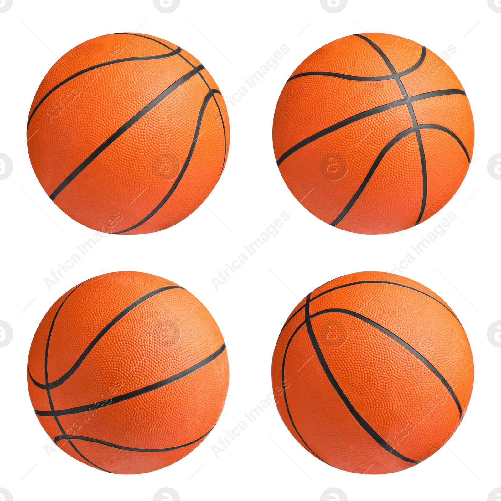 Image of Set with orange basketball balls on white background 