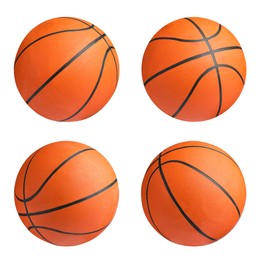 Set with orange basketball balls on white background 