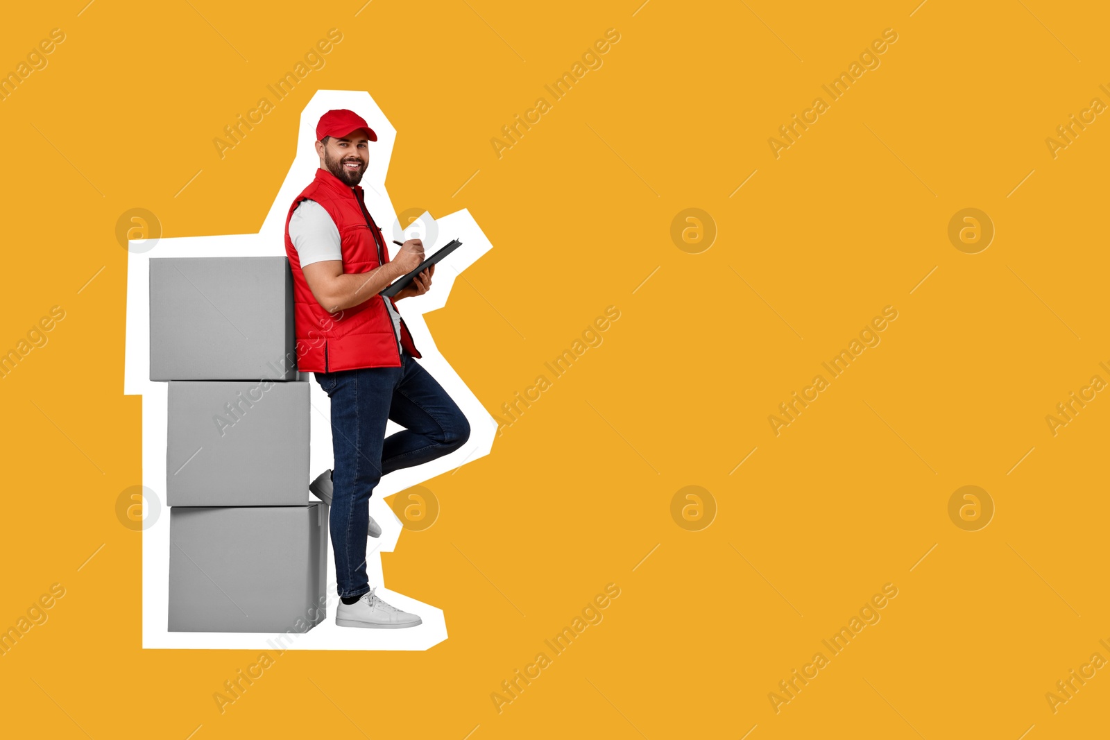 Image of Happy courier with clipboard near parcels on orange background, space for text