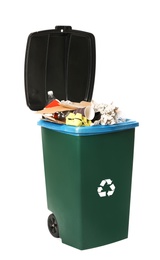 Trash bin with garbage on white background. Waste recycling