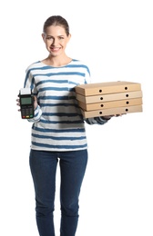 Photo of Smiling courier with pizza boxes and payment terminal isolated on white