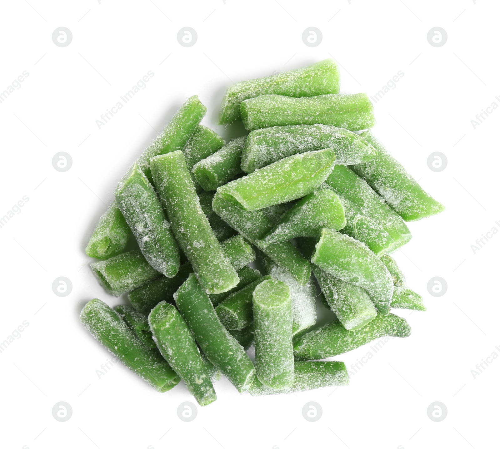 Photo of Frozen green beans isolated on white, top view. Vegetable preservation