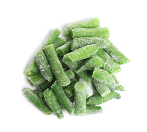 Photo of Frozen green beans isolated on white, top view. Vegetable preservation