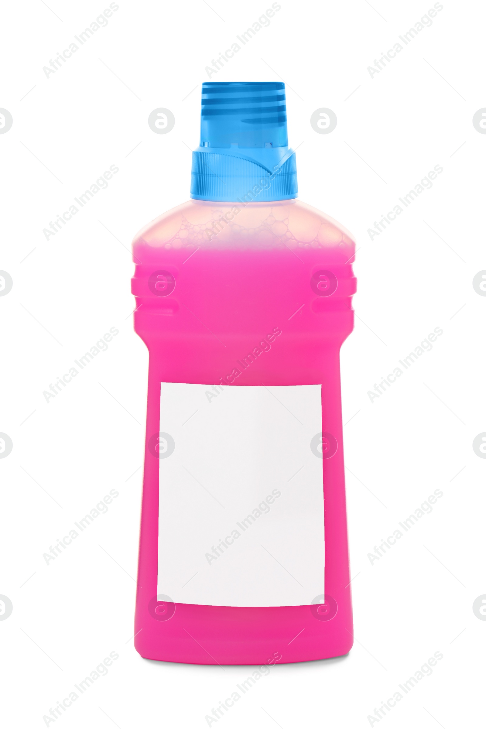 Photo of Bottle with detergent on white background. Cleaning supplies