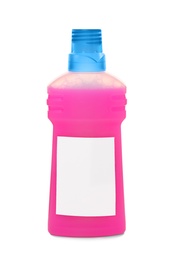 Photo of Bottle with detergent on white background. Cleaning supplies