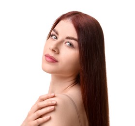 Portrait of beautiful woman on white background