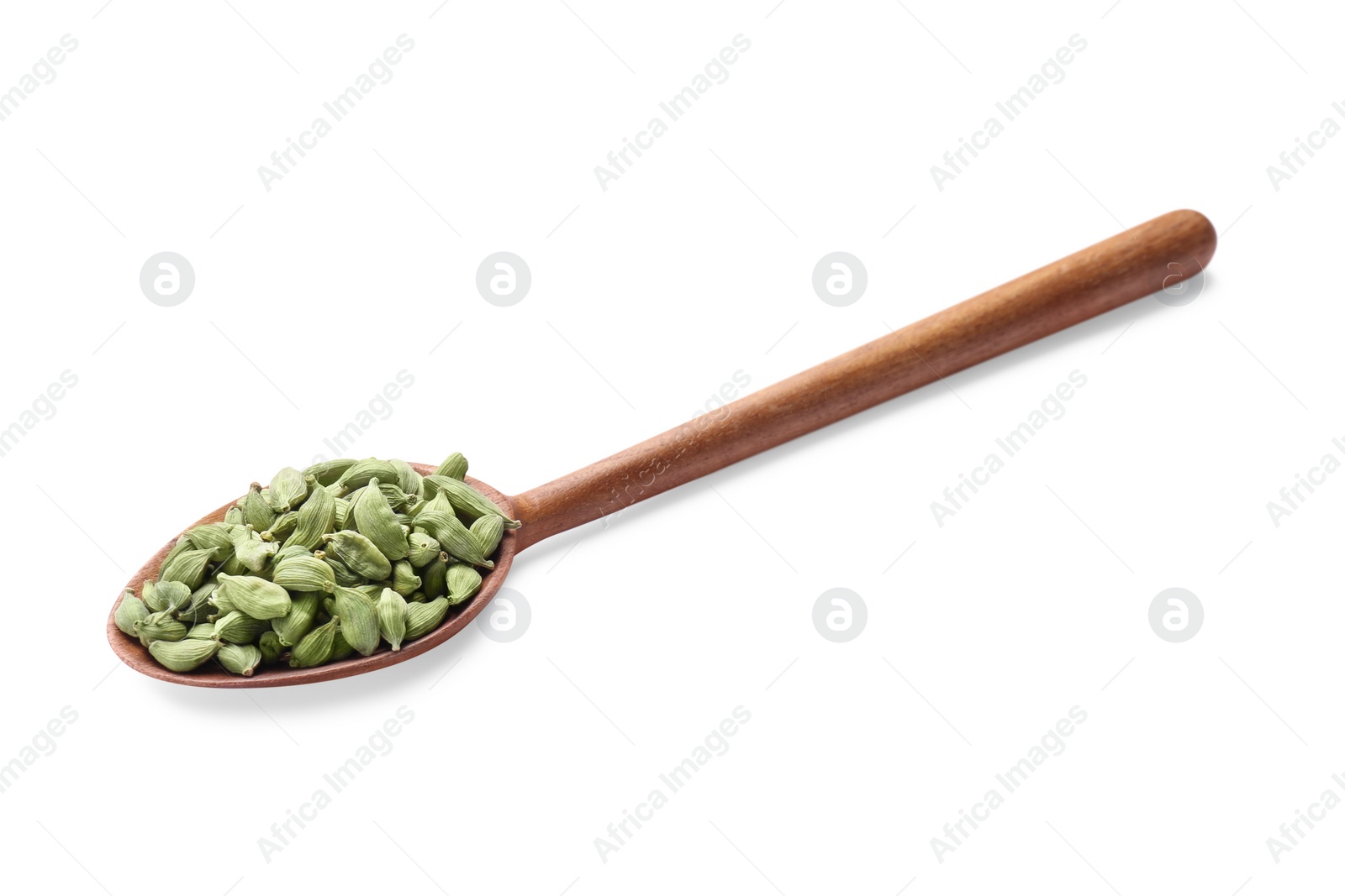 Photo of Wooden spoon full of cardamom on white background