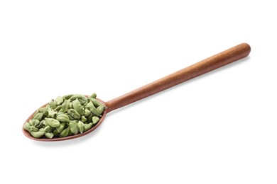 Photo of Wooden spoon full of cardamom on white background