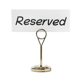Photo of Elegant sign Reserved isolated on white. Table setting element