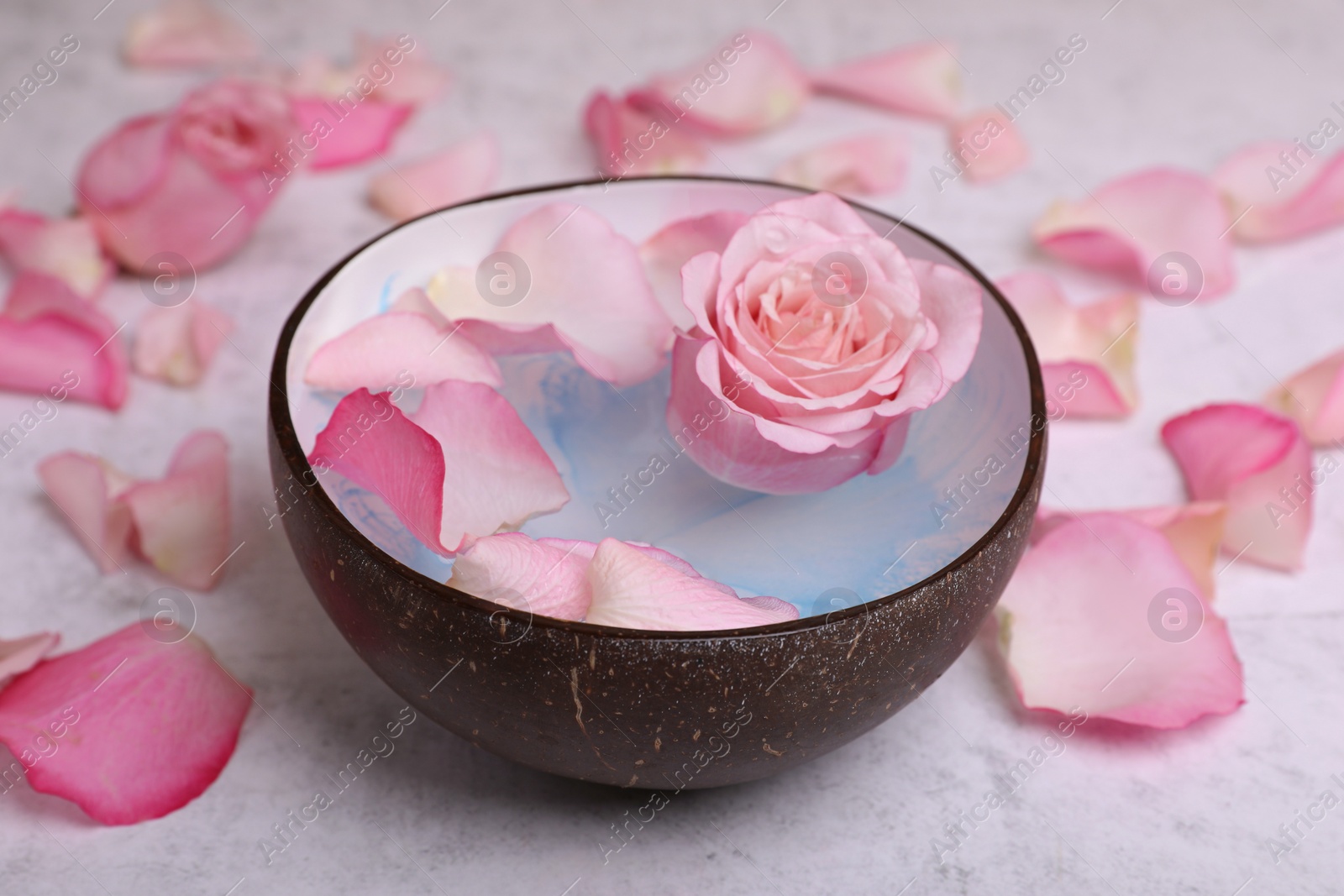 Photo of Beautiful composition with bowl of water and rose petals on light table, closeup. Spa treatment