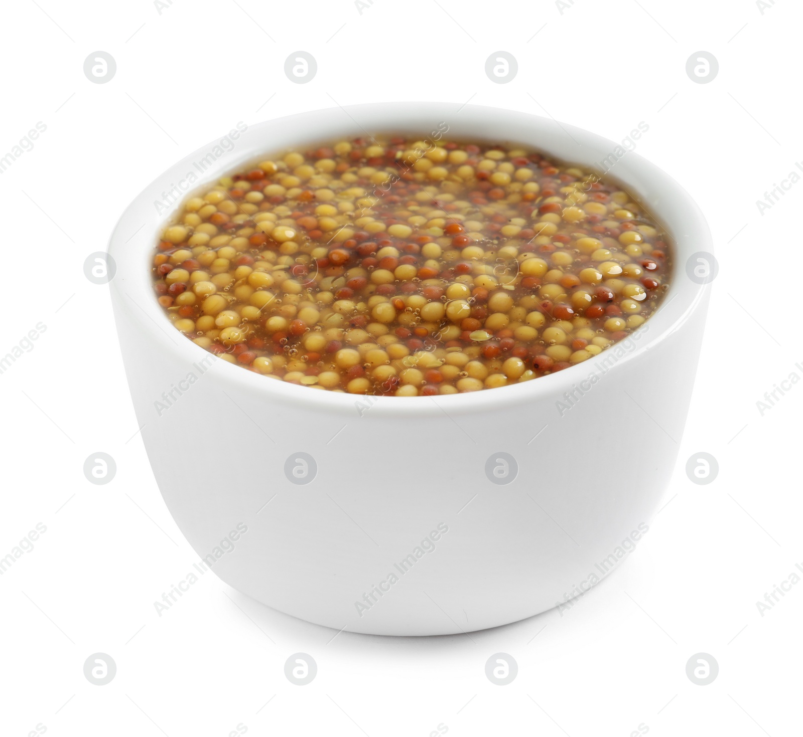 Photo of Delicious mustard beans in bowl on white background. Spicy sauce