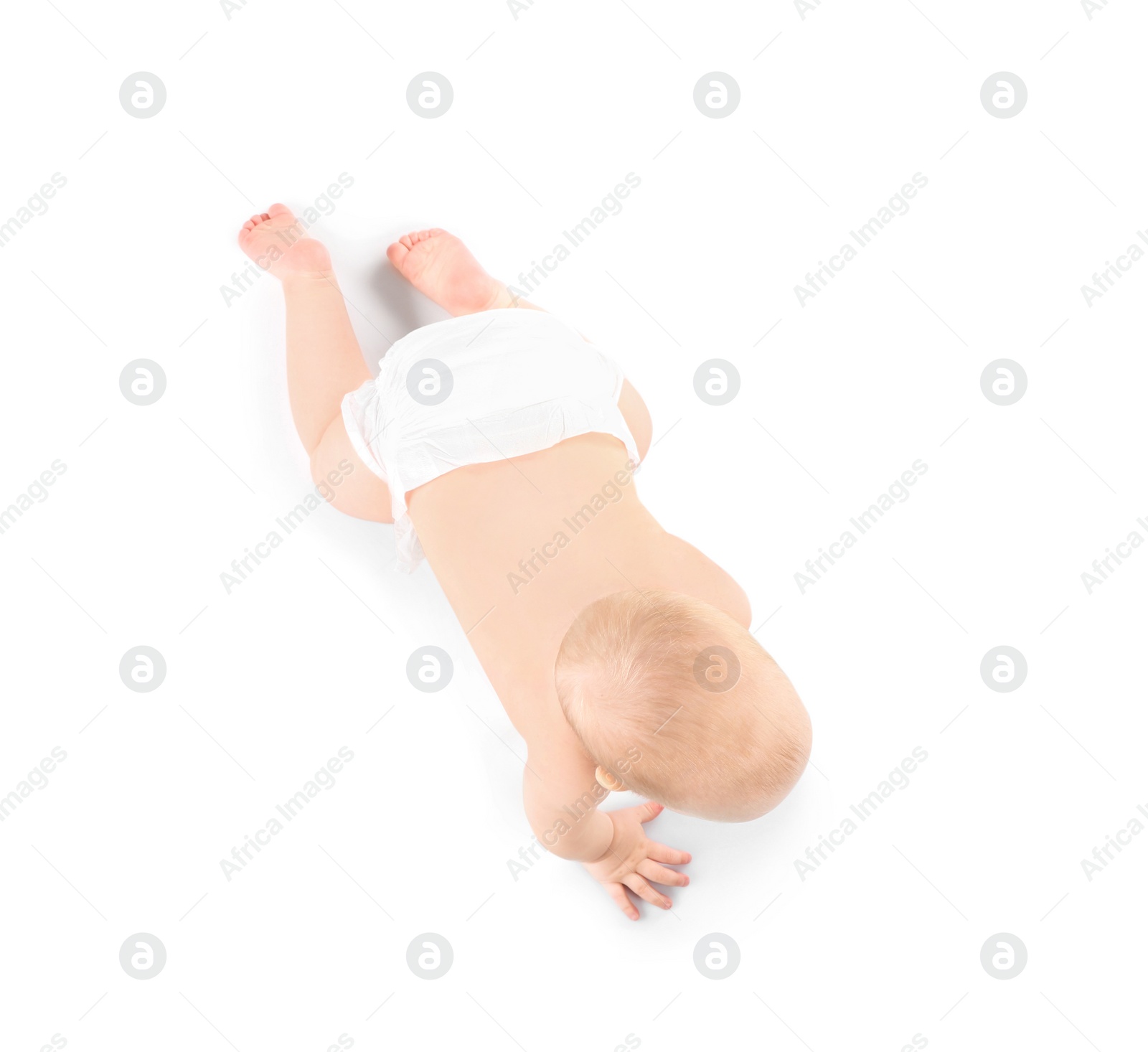 Photo of Cute little baby crawling on white background, top view