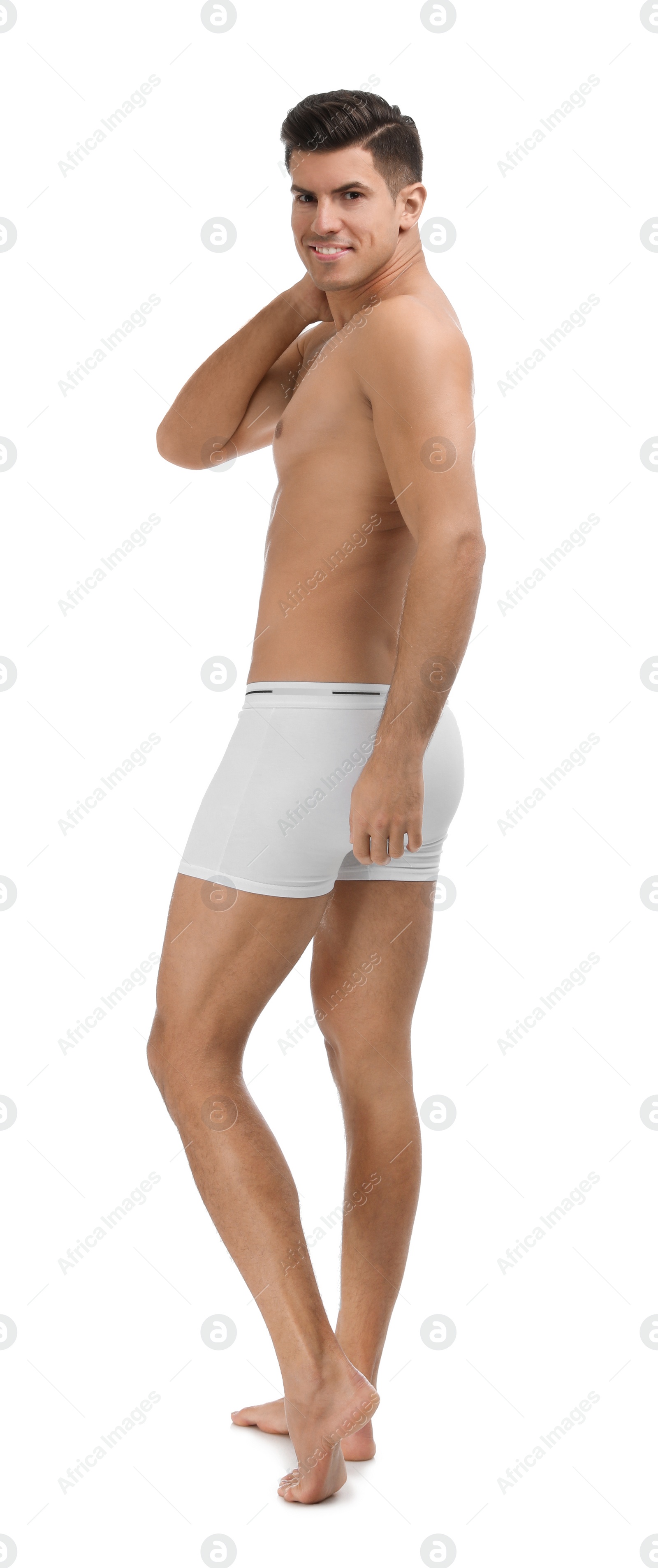 Photo of Handsome man in underwear on white background