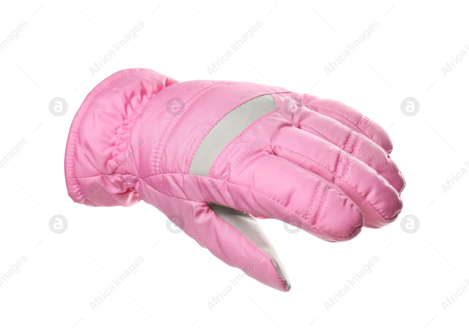 Photo of Woman wearing pink ski glove on white background, closeup. Winter sports clothes
