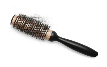 Photo of Professional brush with lost hair on white background, top view