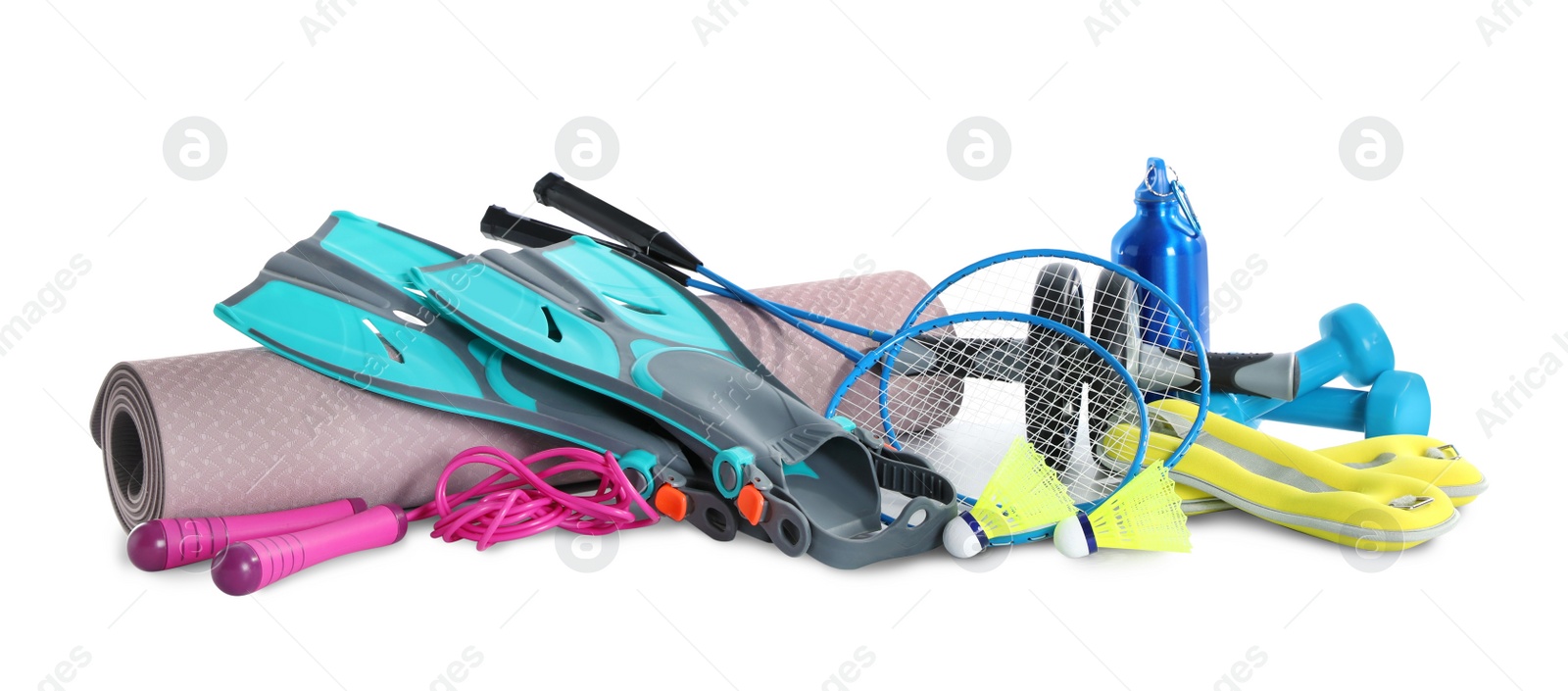 Photo of Set of different sports equipment on white background