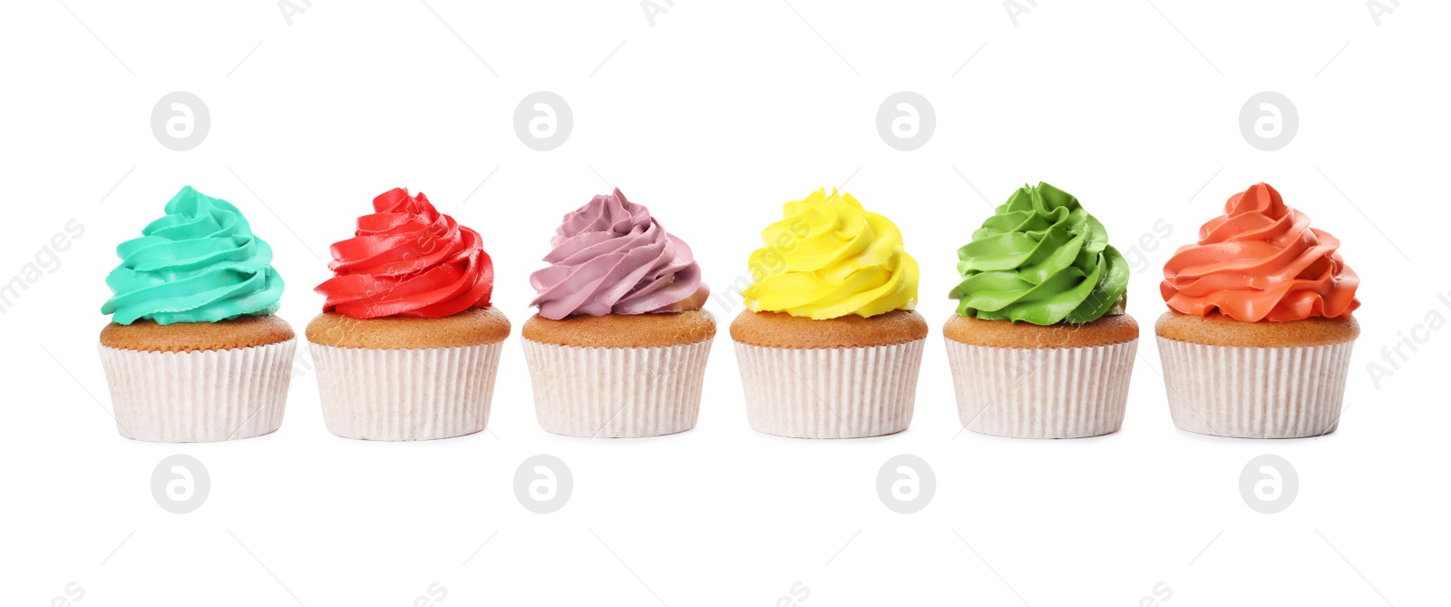 Photo of Different delicious colorful cupcakes on white background