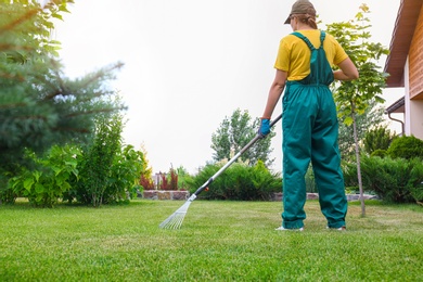 Photo of Woman raking green lawn at backyard outdoors. Home gardening