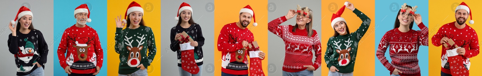 Image of People in Christmas sweaters on color backgrounds, set of photos