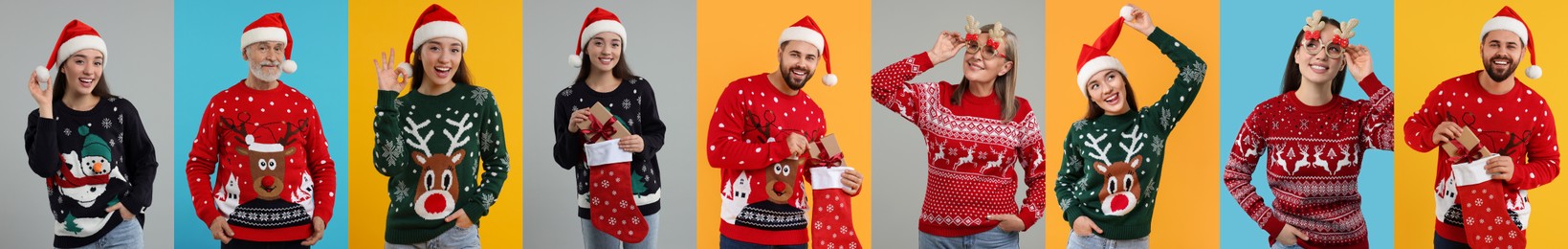 People in Christmas sweaters on color backgrounds, set of photos