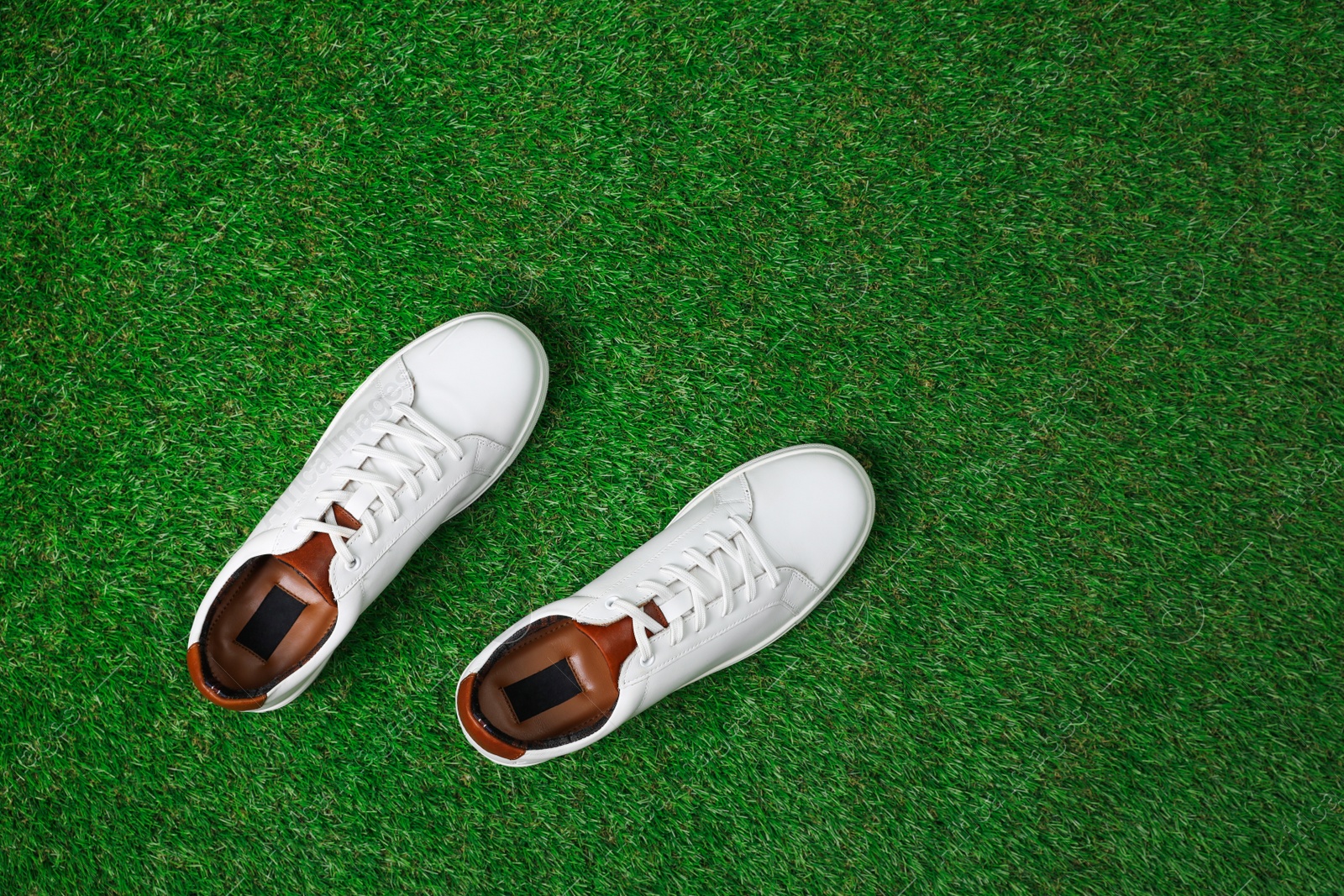 Photo of Pair of stylish sports shoes on green grass, flat lay. Space for text