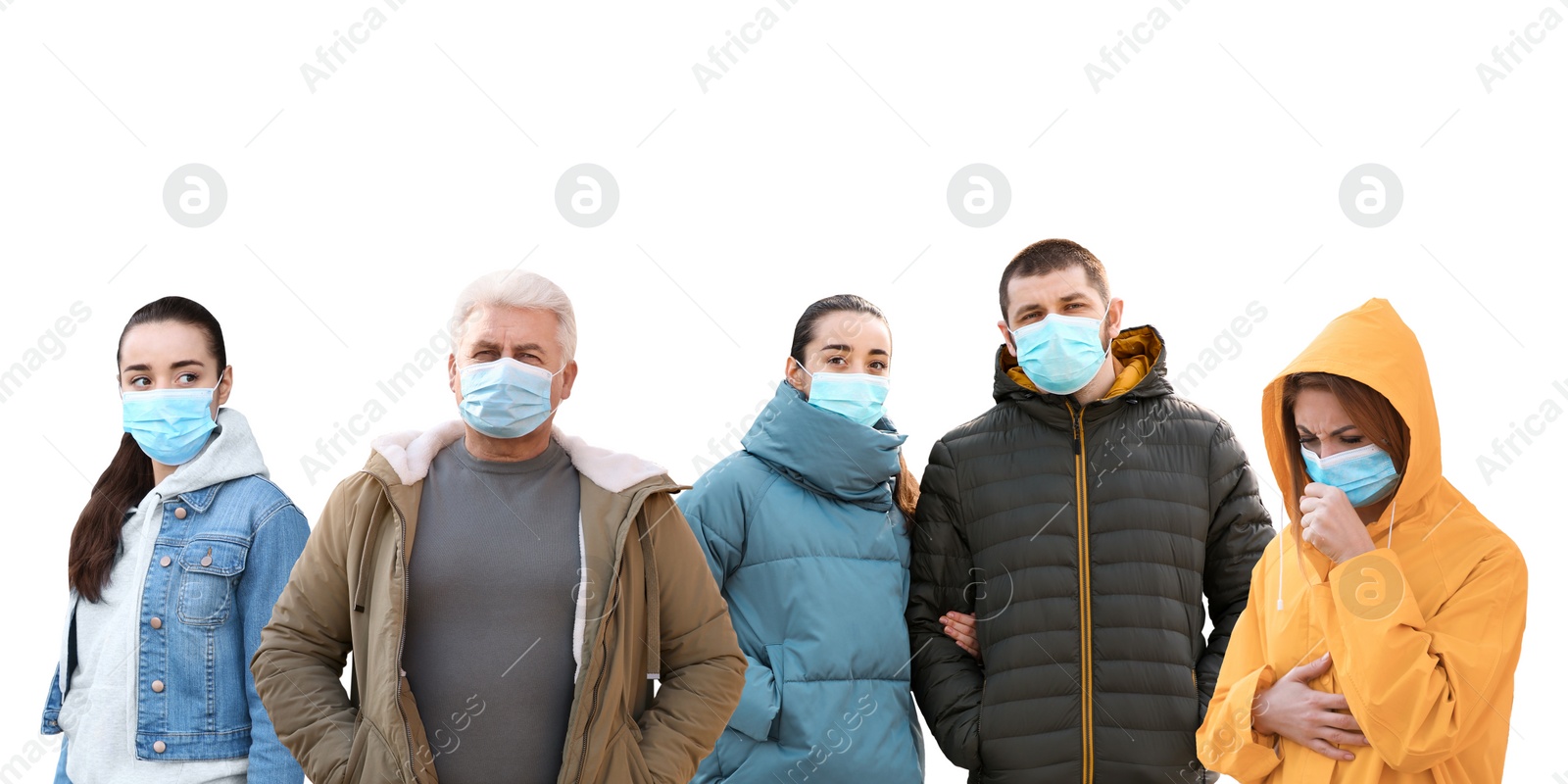 Image of Collage of people wearing medical face masks on white background. Virus protection