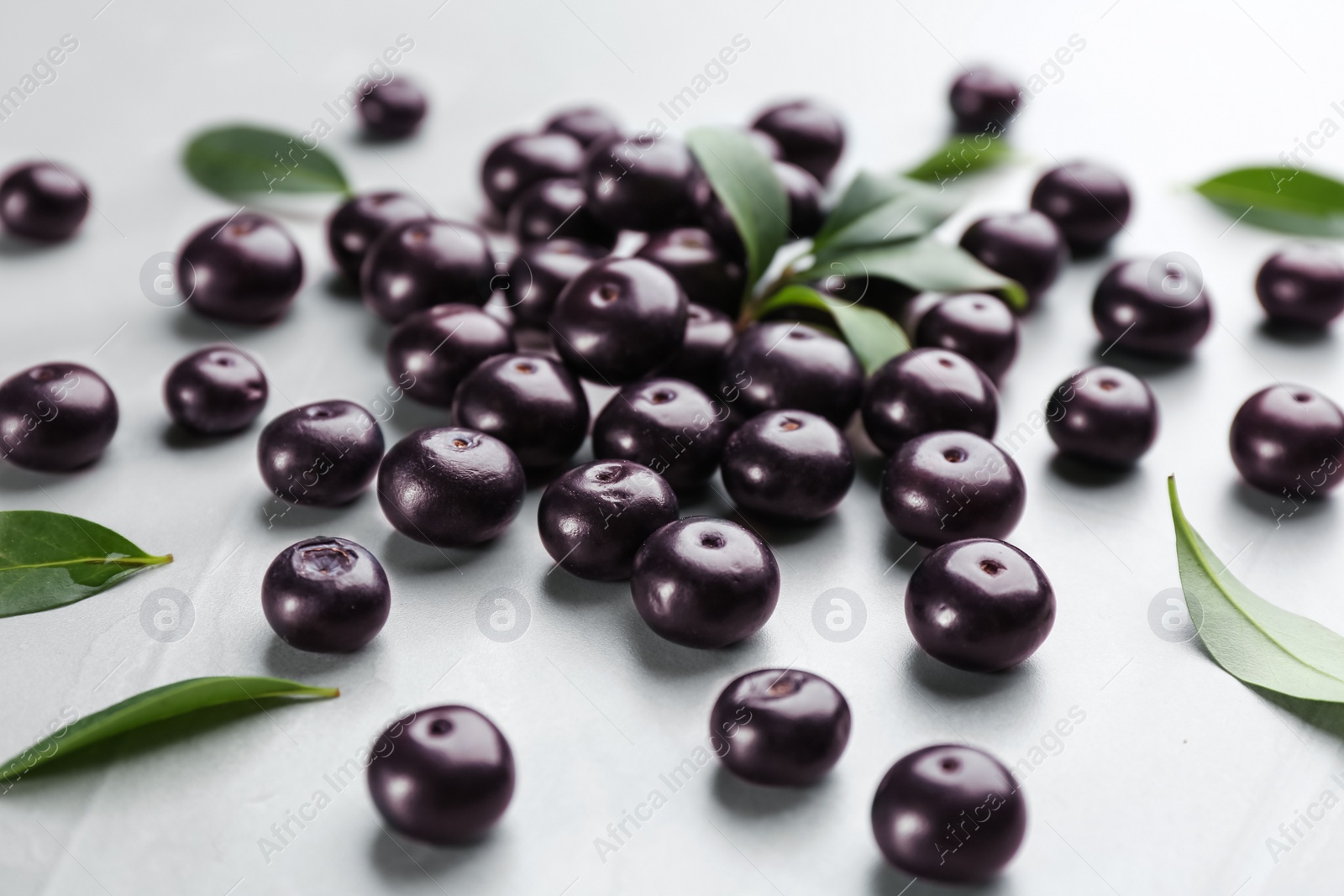 Photo of Fresh acai berries and green leaves on light grey table, closeup