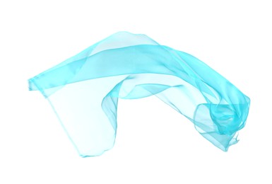 Beautiful turquoise tulle fabric flying on white background