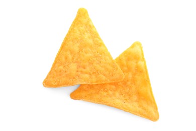 Tasty tortilla chips (nachos) on white background, top view