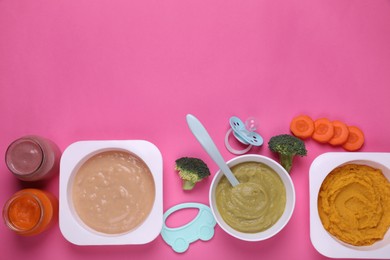 Photo of Flat lay composition with healthy baby food on pink background. Space for text