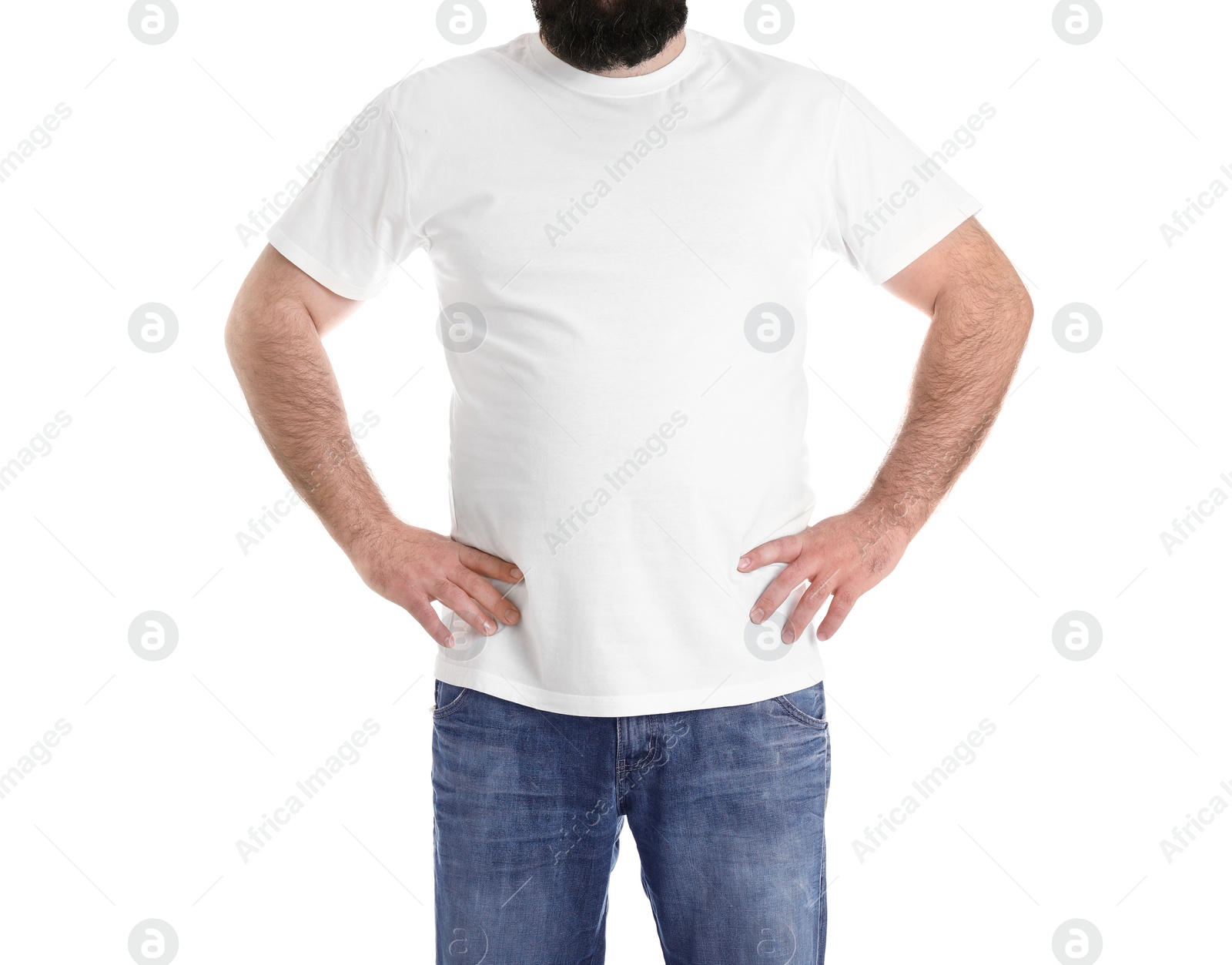 Photo of Overweight man isolated on white, closeup. Weight loss