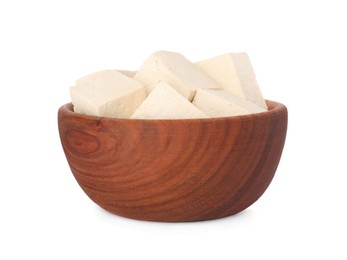 Photo of Wooden bowl with delicious tofu isolated on white