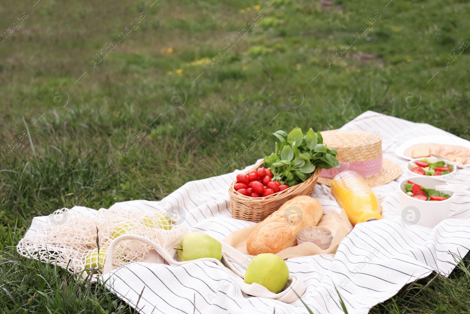 Photo of Picnic blanket with juice and food on green grass