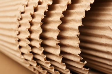 Photo of Roll of brown corrugated cardboard, closeup. Recyclable material