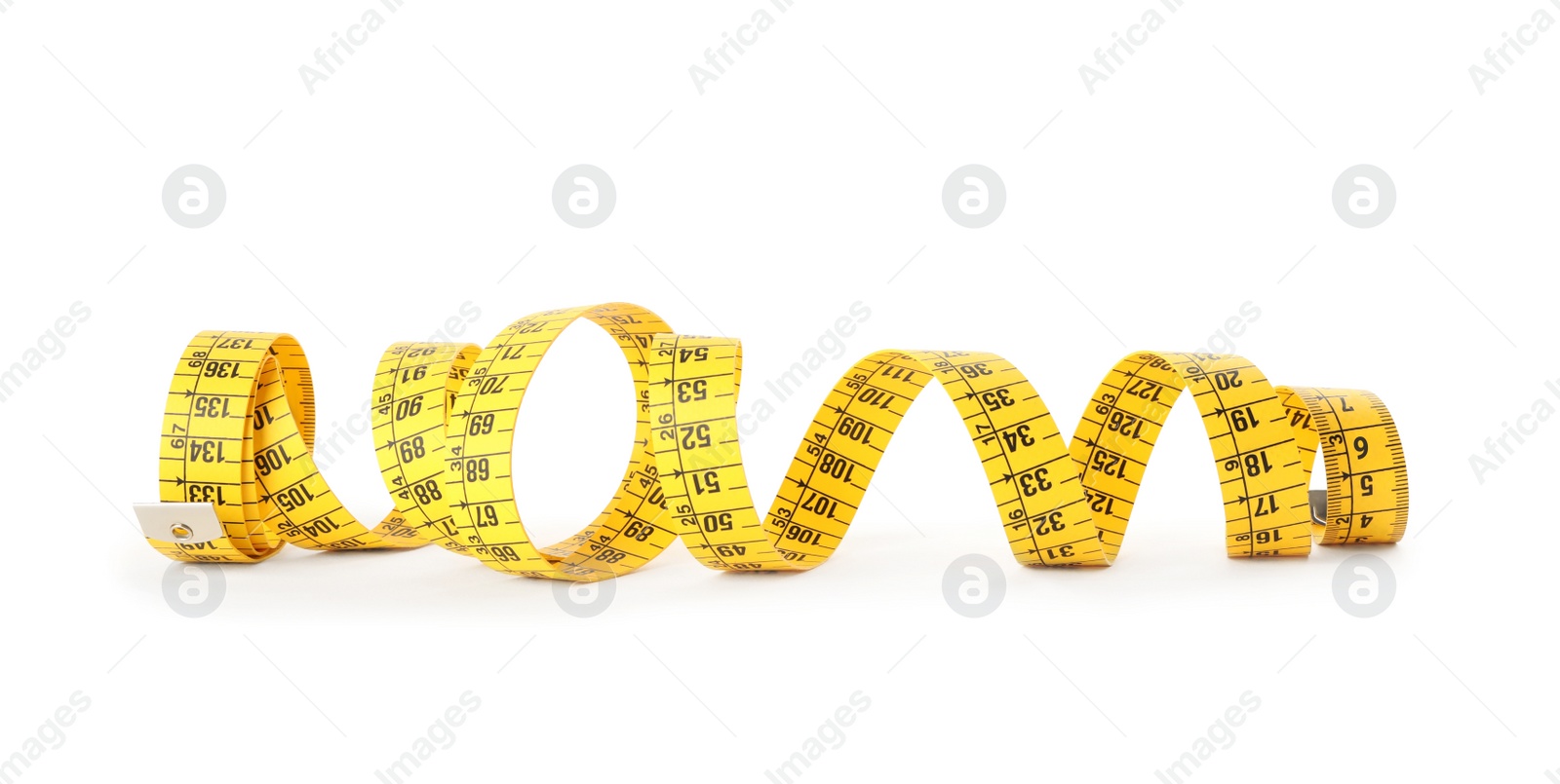 Photo of New yellow measuring tape isolated on white