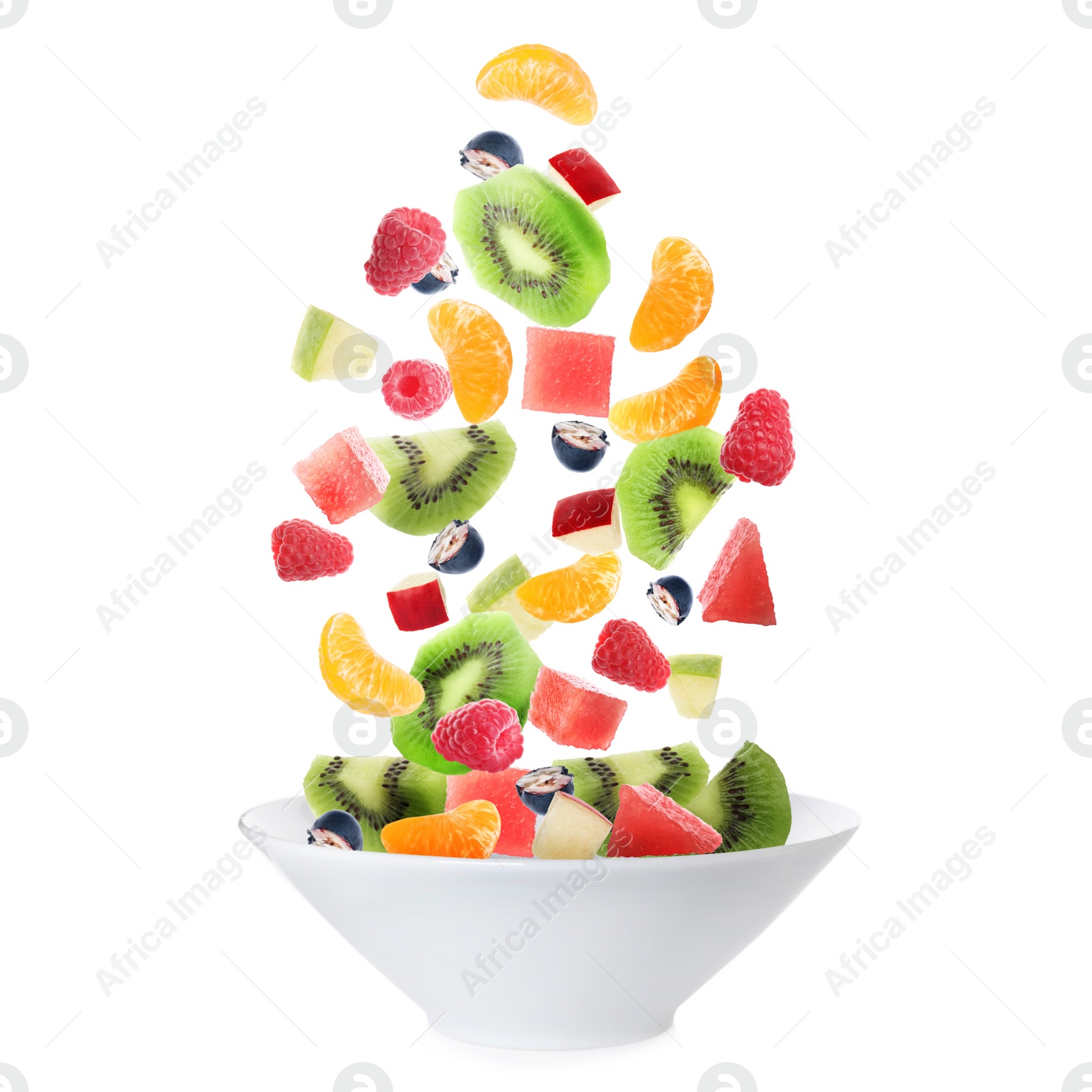 Image of Fresh tasty fruits and berries falling into bowl on white background