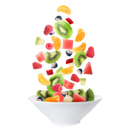 Image of Fresh tasty fruits and berries falling into bowl on white background