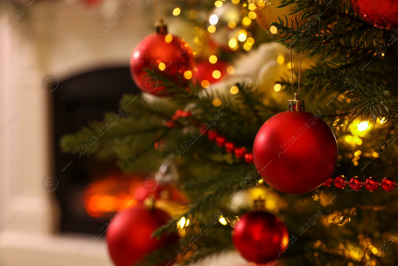 Photo of Christmas tree with beautiful decor indoors, closeup. Space for text